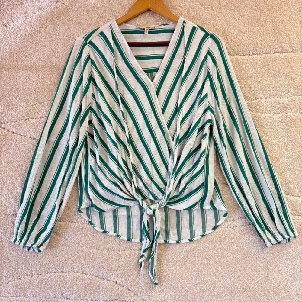 June & Hudson Green Striped Tie Front Wrap Blouse Size 1 Small*
